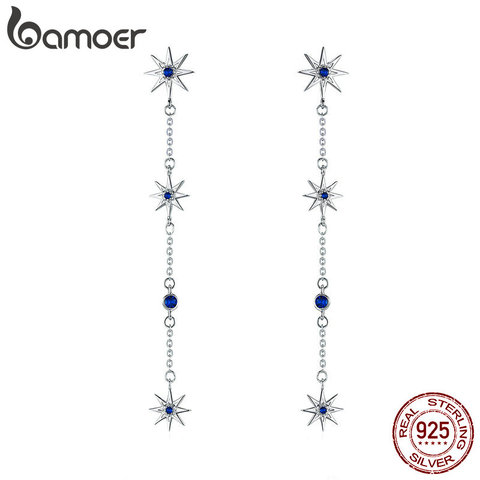 BAMOER Fashion 925 Sterling Silver Shining Star Clear Zircon Long Chain Drop Earrings for Women Wedding Earrings Jewelry BSE060 ► Photo 1/6