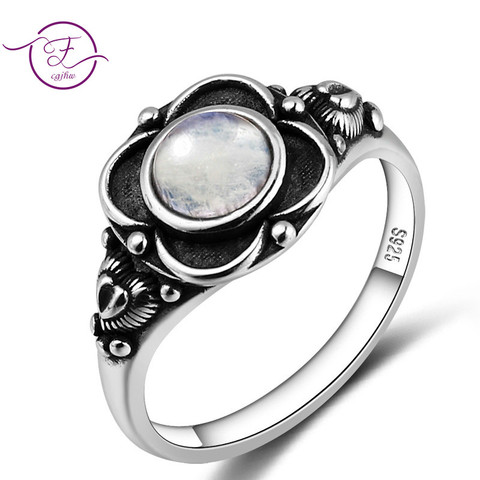 100% S925 Sterling Silver Ring Round 6MM Natural Moonstone Ring Vintage Jewelry Flower Engagement Wedding Party Gift ► Photo 1/6