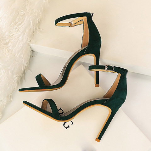 2022 Women 10cm High Heels Flock Stripper Sandals Female Fetish Strappy Red Shoes Lady Valentine Green Summer Classic Sexy Pumps ► Photo 1/6