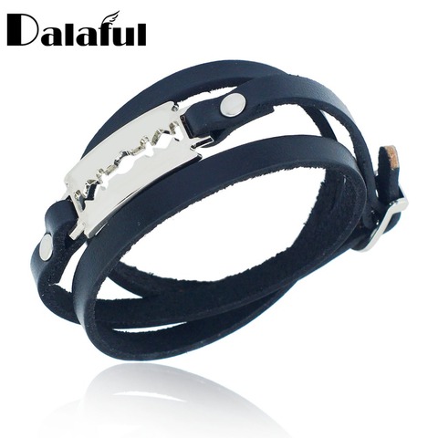 Men's Women's Genuine Leather Metal Razorblade Unique Cuff Multilayer Punk Gothic Rock Bangle Bracelet S269 ► Photo 1/5