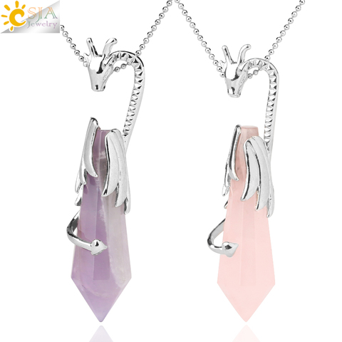 CSJA Natural Crystal Pillar Pendant Necklaces 12 Faceted Point Pink Quartz Dragon Pendants Reiki Healing Jewelry Women Men G589 ► Photo 1/6