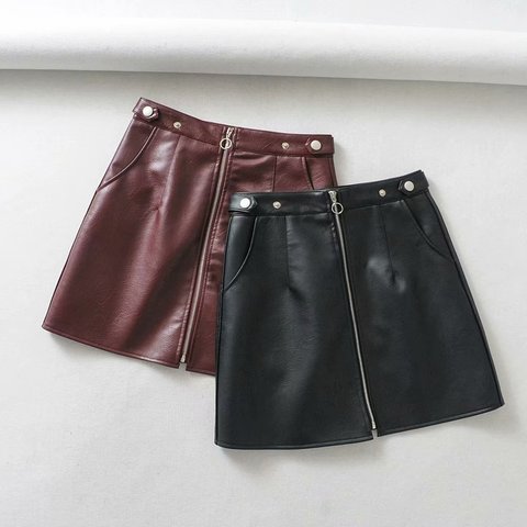 2022 early spring European and American style women's new wholesale high waist pocket zipper PU leather skirt high quality ► Photo 1/4