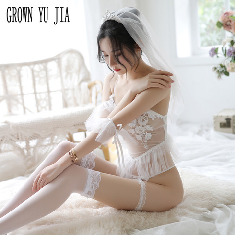 Porno White Bride Wedding Dress Veil Sling Skirt Sexy Thongs Stockings Set Erotic Cosplay Sex Costumes Bride Lingerie Uniforms ► Photo 1/5