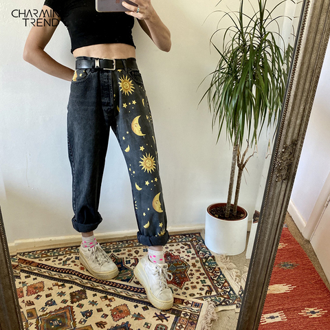 High Waist Loose Jeans For Women Sun Moon Star Pattern Plus Size Casual Straight Denim Pants Streetwear Washed Boyfriend Jeans ► Photo 1/6