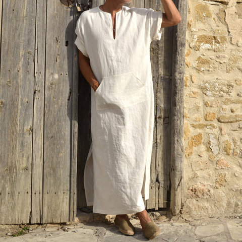 INCERUN Men Robes Kaftan Muslim Arab Islamic V-neck Short Sleeve Solid CottonThobe Vintage Loungewear Plus Size Arabia Man abaya ► Photo 1/6