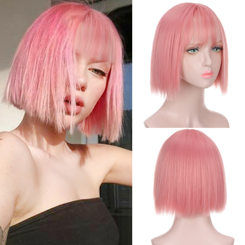 HUAYA Pink Short Bob Wig With Bangs for Women Heat Resistant Synthetic Wigs Cosplay Party Lolita Bob Hairstyles Silver Green ► Photo 1/6