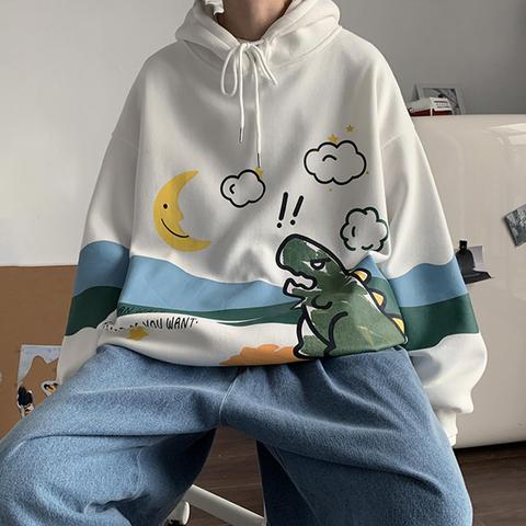 Men Winter Cartoon Dinosaur Print Pullover Long Sleeve Sweatshirt Loose Hoodie ► Photo 1/6