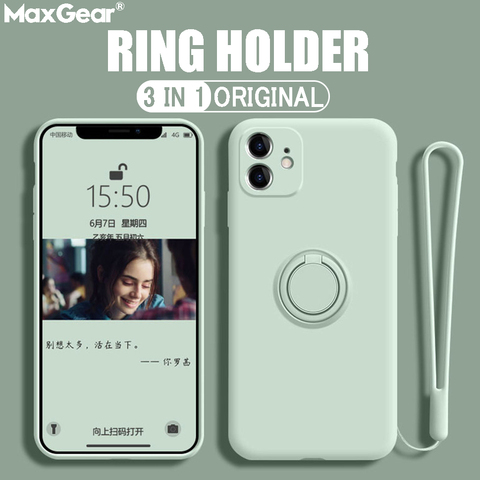 Ring Case For iPhone 12 Liquid Silicone Holder Cover For iPhone 11 Pro Xs Max XR X 6 6s 7 8 Pluse SE Stand Coque With Hand Strap ► Photo 1/6
