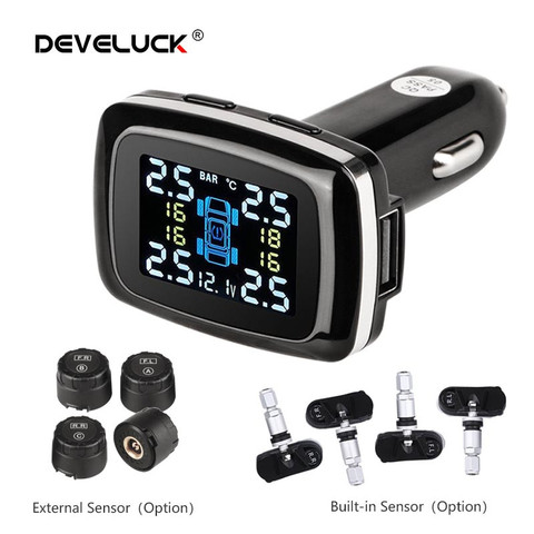 Develuck Car TPMS Cigarette Lighter Digital tpms  Car Tire Pressure Alarm System  USB Port Security Alarm Systems tire pressure ► Photo 1/6