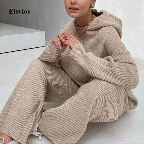 Elegant Women Two Piece Sets Pajamas Casual Hooded Rib Knit Tops And Wide Leg Pants Suit Spring Ladies Loose Homewear Sportswear ► Photo 1/6