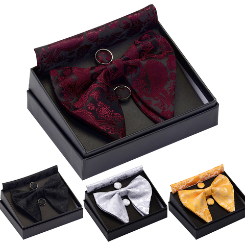 GUSLESON Paisley Big Bow Tie Men's Blue Red Yellow Bowtie Pocket Square Cufflinks Set with Gift Box Silk Wedding Necktie For Man ► Photo 1/6