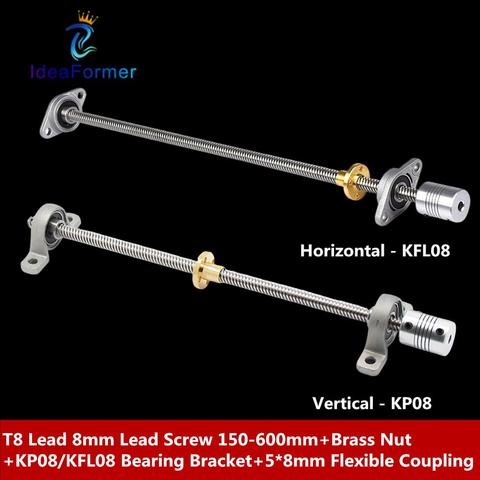 1 Set T8 Trapezoidal Lead Screw 150-600mm+Brass Nut+KP08/KFL08 Bearing Bracket+5*8mm Flexible Coupling For 3D Printer Parts. ► Photo 1/6