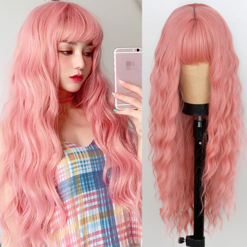 Long Mix Pink Womens Wigs With Bangs Heat Resistant Synthetic Kinky Curly Orange Gold Wigs for Women African American ► Photo 1/6