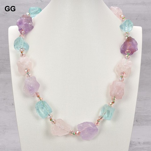 GG Jewelry Natural Stone Semi-Precious Amethysts Rose Quartzs Blue Quartzs Nugget Rough Necklace Fashion Lady Jewelry ► Photo 1/6