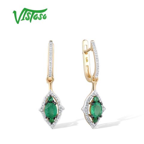 VISTOSO Gold Earrings For Women Pure 14K 585 Yellow Gold Sparkling Diamond Natural Oval Emerald Elegant Trendy Fine Jewelry ► Photo 1/1