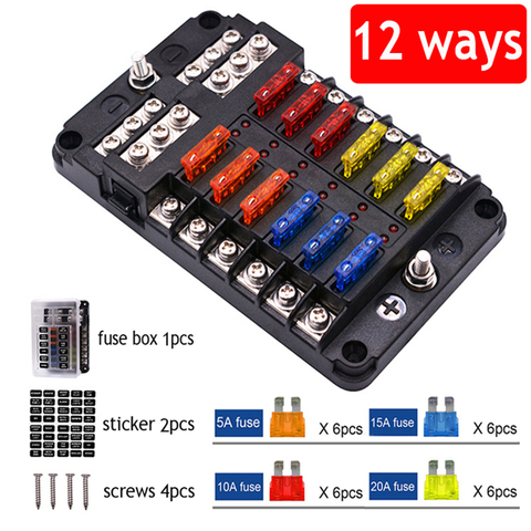 Car Boat  Fuse Box Holder With 12 Way Blade Fuse Holder Block & Warning Indicator  12V~24V Power Distribution Panel Board ► Photo 1/6