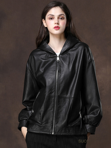 Nerazzurri Black oversized leather jacket women with hood long sleeve drop shoulder zipper plus size spring faux leather coat ► Photo 1/6