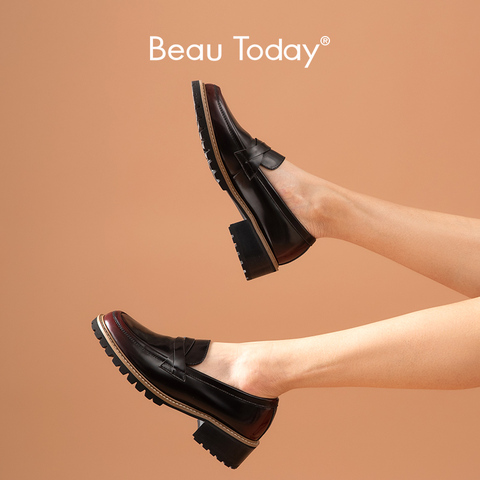 BeauToday Loafers Women Glazed Cow Leather Waxing Round Toe Slip-on Shoes Autumn Spring Retro Ladies Flats Handmade 27714 ► Photo 1/6