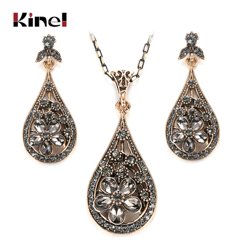 Kinel Luxury Gray Crystal Flower Women Earring Necklace Vintage Jewelry Sets Antique Gold Color Turkish Ethnic Wedding Jewelry ► Photo 1/6
