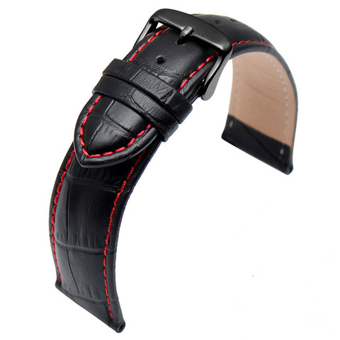 Genuine Leather Cowhide Black Watch Strap Band 22mm Red Stitch Watchband Quick Release for Men Women Watch Accessories Wristband ► Photo 1/5