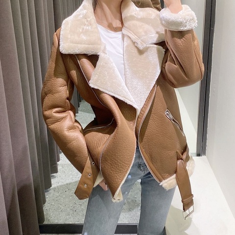 Ailegogo Women Winter Warm Thick Windproof Motorcycle Coat with Belt Brown Suede Jacket Faux Lamb Leather Jacket Outwear ► Photo 1/1