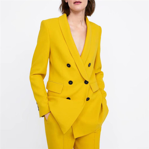 2022 Women Elegant Yellow Blazers and Jackets Pockets Double Breasted Outerwear Office Lady Work Wear Chic Tops Suits Coat ► Photo 1/6