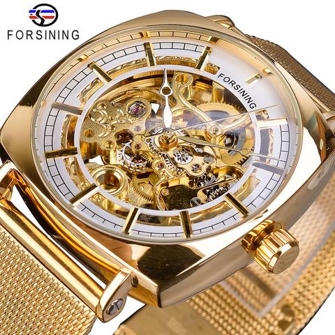 Forsining Golden Square Men Mechanical Watch Business Mesh Steel Belts Automatic Clock Relogio Masculino Hodinky Erkek Kol Saati ► Photo 1/6