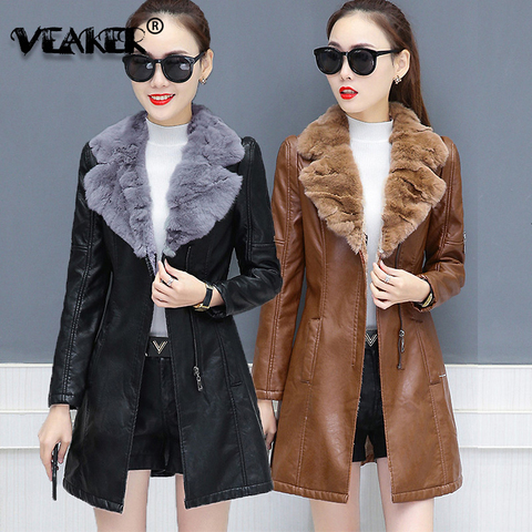 2022 New Winter Women's Leather Jacket Warm Big Fur Collar Long Leather Coat Balck Outerwear Slim Fit Overcoat Plus Size S-5XL ► Photo 1/6