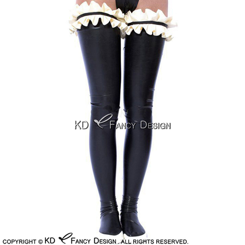 Black And White Sexy Long Latex Stockings With Ruffles On Top Rubber Thigh High Stockings WZ-0025 ► Photo 1/2