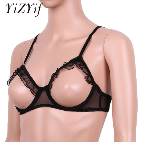 Womens Sexy Ruffles Open Cups Bra Tops Erotic See Through Sheer Mesh Lingerie Bare Breast Underwired Bra Top Nigthwear Sleepwear ► Photo 1/6