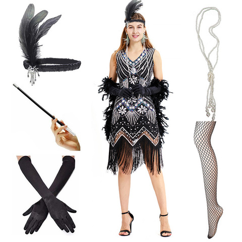 1920s Flapper Dress Great Gatsby Party Evening Sequins Fringed Dresses Gown Dress with 20s Accessories Set ► Photo 1/6