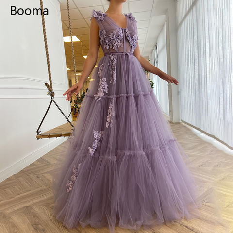 Booma V-Neck Purple Prom Dresses Sequin Appliques Exposed Boning A-Line Prom Gowns Sleeveless Tiered Tulle Formal Party Dresses ► Photo 1/6