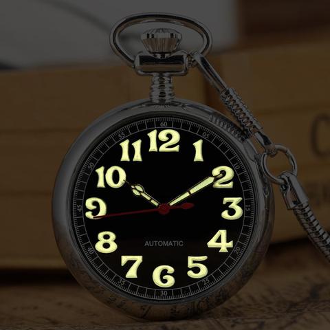 Luminous Numbers Dial Mechanical Automatic Pocket Watch Self Winding Pocket Snake Chain Luxury FOB Watch Noctilucent Fluorescent ► Photo 1/6