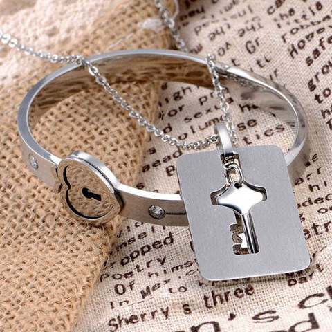 Stainless Steel Love Heart Lock Bangle Bracelet and Key Pendant Necklace Set ► Photo 1/6