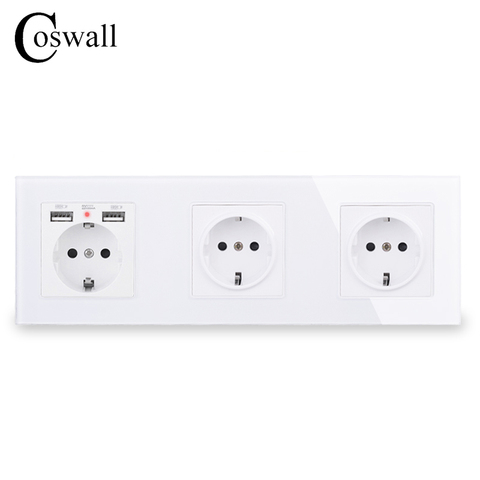 COSWALL 16A 1/2/3/4/5 Gang Russia Spain EU Standard Wall Socket + Dual USB Charge Port Hidden Soft LED Indicator Glass Panel ► Photo 1/4