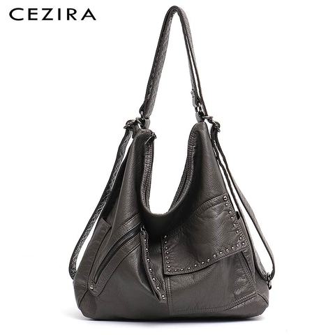 CEZIRA Women Washed PU Backpack Luxury Soft Vegan Leather Shoulder Bags Functional Large School Bag Female Chic Rivets Knapsacks ► Photo 1/6