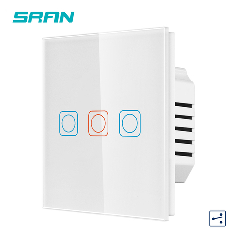 SRAN EU Wall Sensor Switch, 110-240V 350W Black Crystal Glass Panel With Led 3Gang 2Way Touch Switch For Stairs And Interrupted ► Photo 1/6