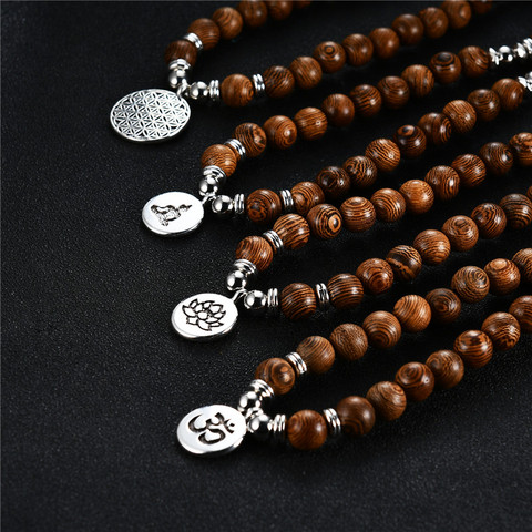 Hot 108 Wooden Beads Buddhism Flower of Life OM Lotus Necklace for Women Men Rosary Necklace Bracelet Vintage Prayering Jewelry ► Photo 1/6