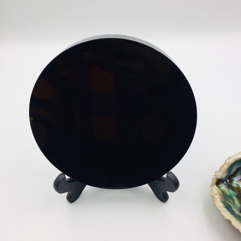 High Quality Natural Black Obsidian Stone Scrying Mirror Round Plate Fengshui Mirror For Home Decoration Gift With Shelf ► Photo 1/5