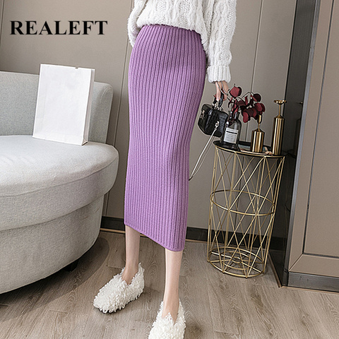 REALEFT 2022 Winter Thickening Women Knitted Skirts Female High Waist Office Ladies Elastic Knitting Midi Length Skirt Female ► Photo 1/6