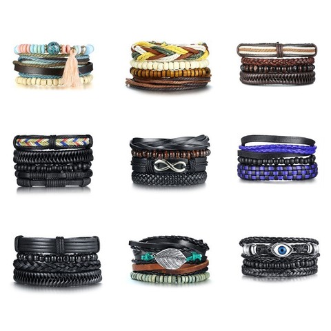 Vnox 4Pcs/ Set Braided Leather Bracelets for Men Women Vintage Wooden Beaded Wrap Bracelet Wood Beads Bangle Size Adjustable ► Photo 1/6