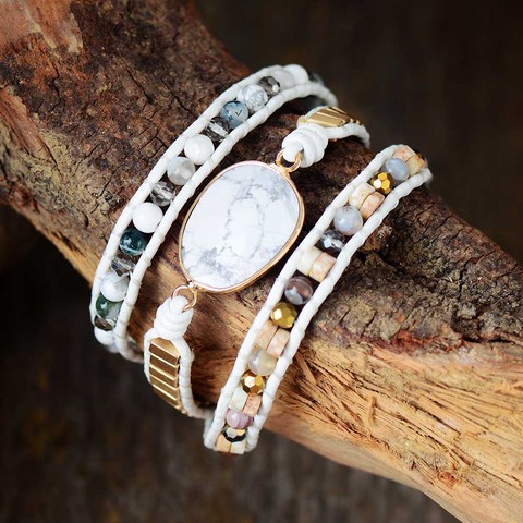 White Unisex Leather Wrap Bracelet W/ Howlite Mixed Stones Beaded 3 Strands Bracelet Men Lovers Jewelry Wholesale Dropship ► Photo 1/3