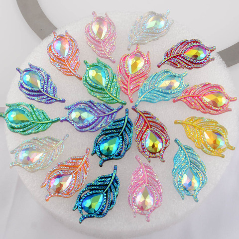 BOLIAO DIY 10Pcs 20*38mm( 0.79*1.5in ) AB Color Peacock Leaf Resin Shining Mix Rhinestone Flatback No Hole Home Decor Crafts ► Photo 1/3