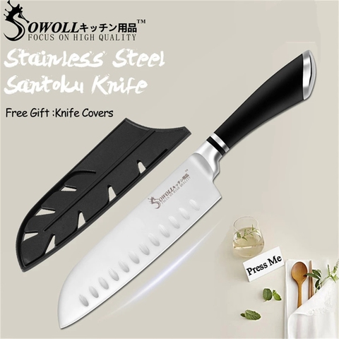 Sowoll Japanese Santoku Knife 7 inch High Carbon Steel Kitchen Chef Knife Meat Salmon Sushi Fish Fruit Cutting Knife With Cover ► Photo 1/6