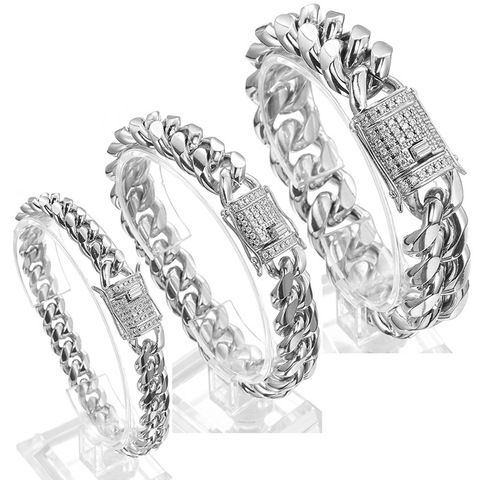 8/10/12/16/18mm CZ Zircon Stone Paved Stainless Steel Cuban Curb Miami Chain Link Bracelets for Male Boys Hip Hop Rock Jewelry ► Photo 1/6