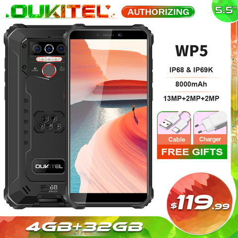 OUKITEL WP5 4GB+32GB 8000mAh IP68 Waterproof Smartphone 5.5'' Triple Cameras Android 9.0 Mobile Phone ► Photo 1/6