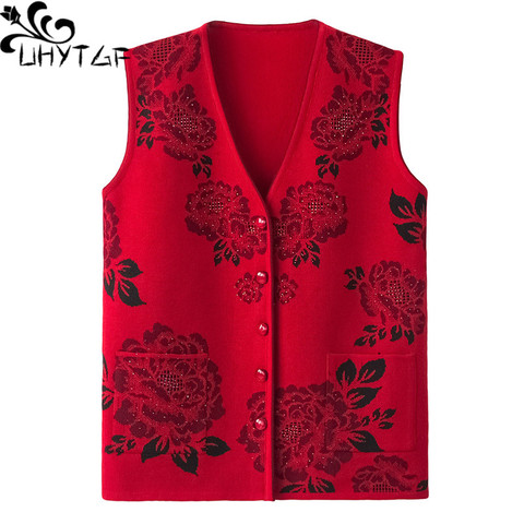 UHYTGF Women vest Fashion flower beaded knitted spring autumn vest waistcoat casual warm women's sleeveless jacket plus size 737 ► Photo 1/6