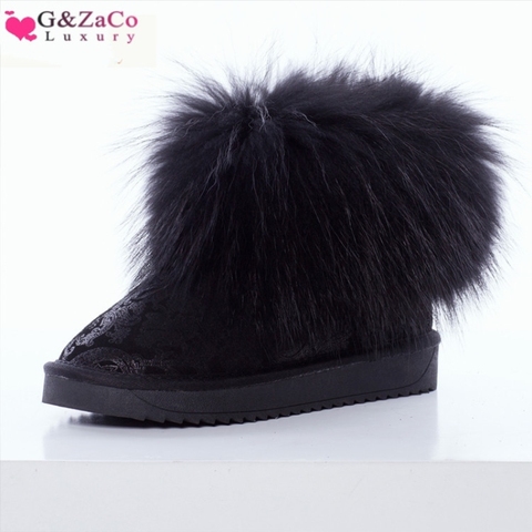 G&ZaCo Luxury Women Boots Genuine Leather Natrual Fox Fur Snow Boots Thick Plush Short Black Printing Fashion Winter Boots ► Photo 1/6