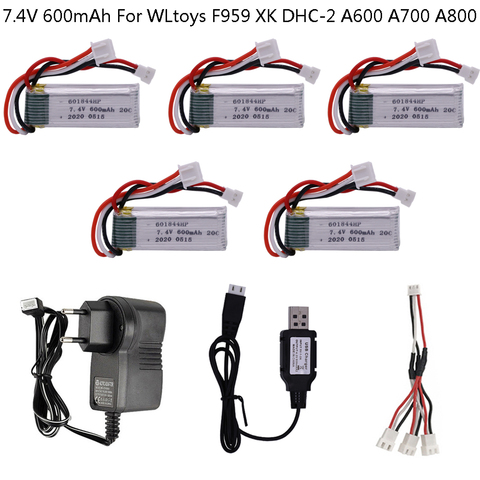 7.4V 600mAh 601844 20C 2S Lipo Battery with charger set for WLtoys F959 XK DHC-2 A600 A700 A800 A430 RC Cars Parts 7.4 v Battery ► Photo 1/6