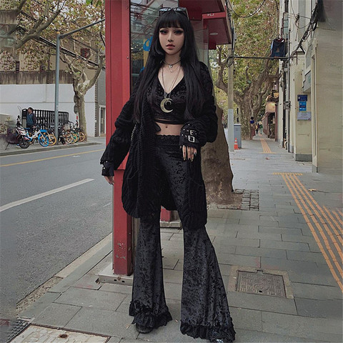 Sexy Fashion Patchwork Lace Solid Flare Pants Women Gothic Dark High Waist Loose Trousers 2022 New Street Suede Pants ► Photo 1/5